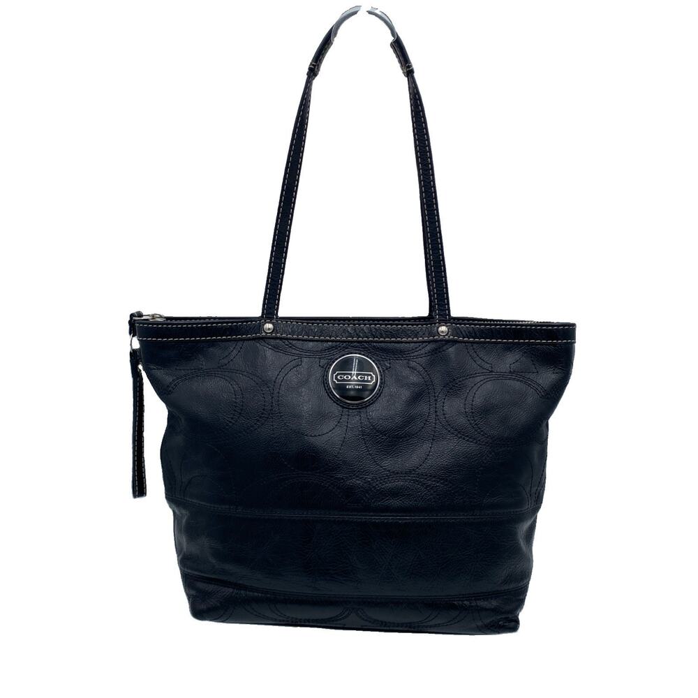 Coach Signature Stitch Tote Black Patent Leather Shoulder Bag Silver F15142